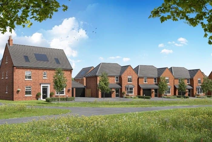 Barlestone, Leicestershire: wider view across the development, two- and three-storey brick homes arranged around a central green, Midland Heart affordable scheme
