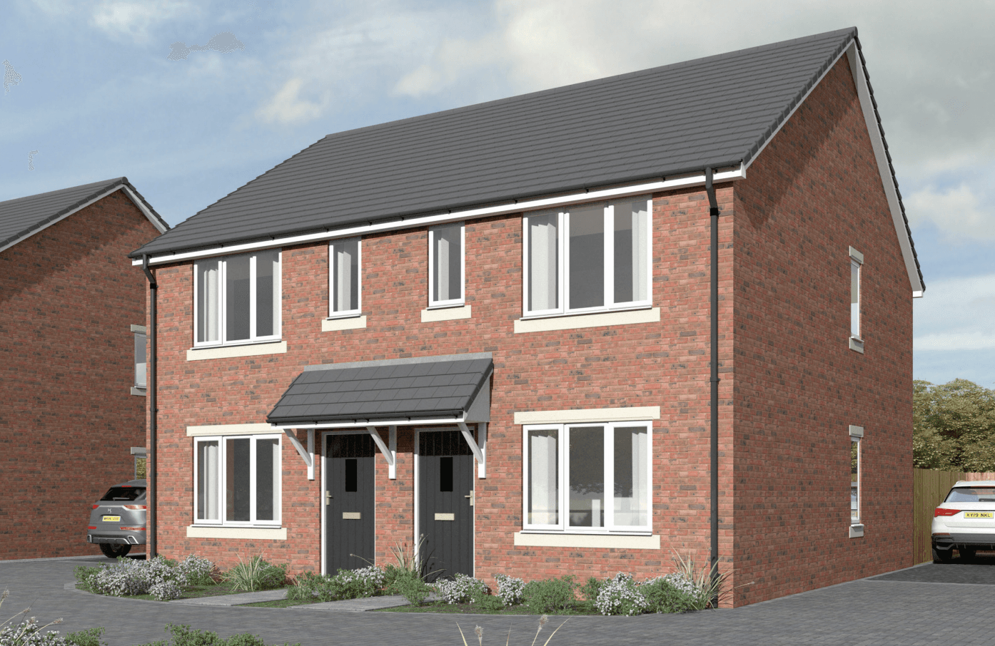 Bennett's Road, Keresley (Coventry): design-stage render of a larger red-brick three-bay detached property with slate hipped roof, dark-grey window frames and a pair of front doors sharing a pitched timber porch canopy, a parked car visible on the corner driveway