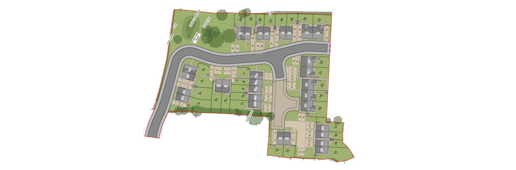 Stonebroom (Carlyle Road), Derbyshire: site masterplan showing the 30-plot affordable scheme arranged along a curving estate road, with house-type labels and a public open-space pocket to the north — Bullock-era partner-construction layout.
