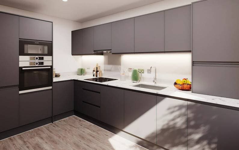 Sydenham Road, Lewisham: render of a graphite-grey fitted kitchen with marble-effect worktops, integrated oven and microwave, induction hob and pale wood floor