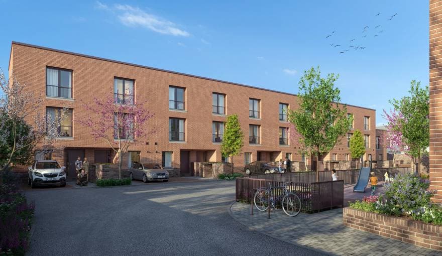 Sydenham Road, Lewisham: render of the courtyard frontage of the same block, red-brick mews with Juliet balconies, cherry blossom trees and residents at parked cars, child on a slide to the side