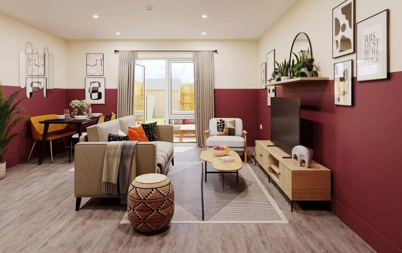 Sydenham Road, Lewisham: render of a living-room interior with cranberry feature wall, beige sofa, armchair, oak media unit and dining table by the garden door