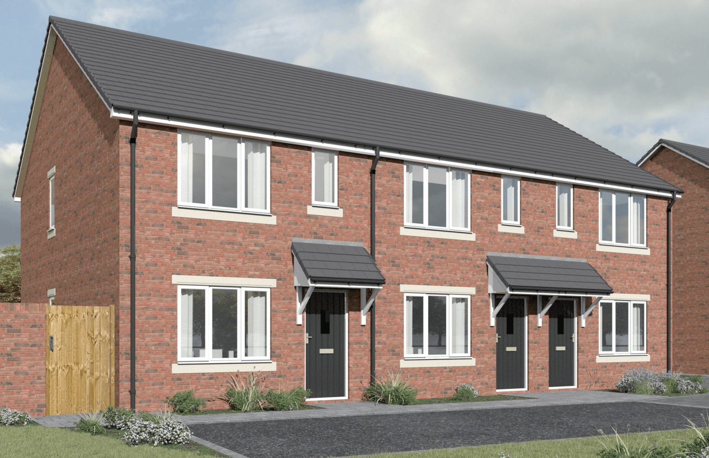 Bennett's Road, Keresley (Coventry): design-stage render of a three-property red-brick terrace with slate hipped roof, cream-stone window surrounds and dark-grey window frames and front doors, two pitched timber porch canopies over the entrances and a side gate to the left