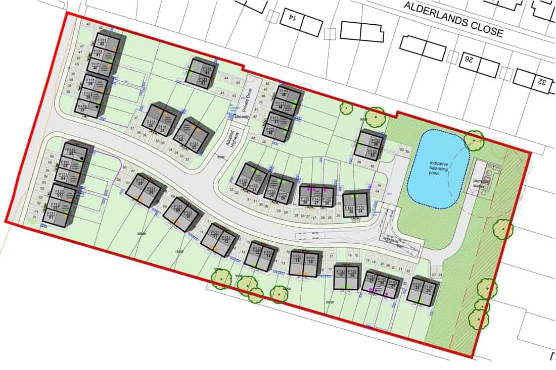 Crease Drove, Peterborough: planning-stage site masterplan drawing showing the numbered-plot layout arranged along an internal adopted-highway loop and private drive, with the indicative balancing pond and pumping station to the east, the red planning-boundary line and green landscape margins set against the existing context of Alderlands Close to the north