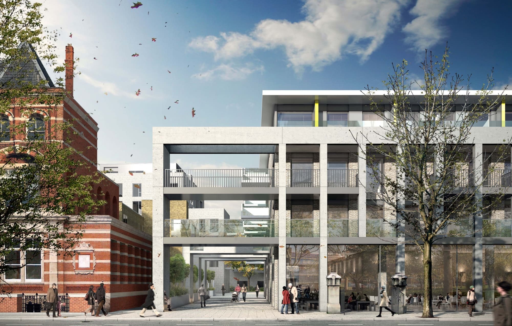 Grange Walk, Bermondsey SE1: render of a four-storey concrete-frame apartment building with glazed balconies and ground-floor café, set alongside the restored red-brick neighbour and a pedestrianised street