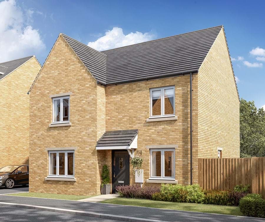 Hislop Road, Rugeley: render of a yellow-brick four-bed detached home with grey-tile pitched roof, white-trimmed windows, pitched porch hood and paved drive, Platform Housing affordable scheme
