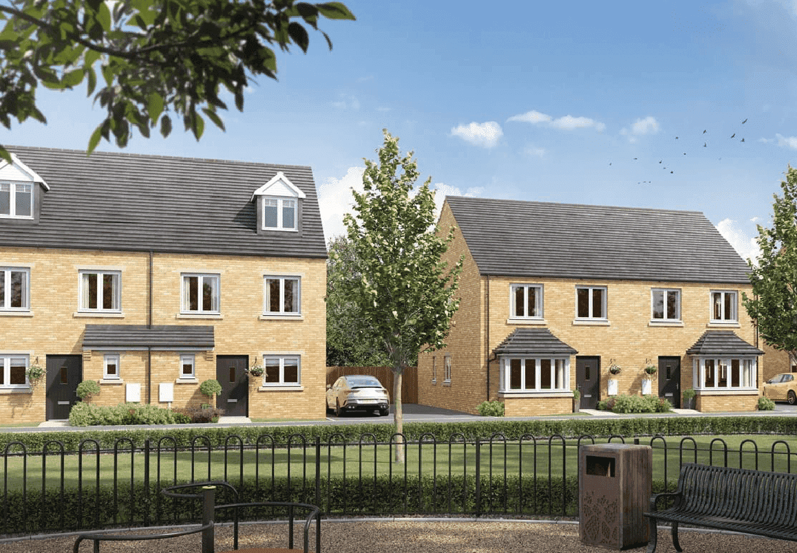 Milestone Road, Carterton: completed terraced and end-of-terrace affordable family homes on the Platform Housing scheme, mature street tree and finished public realm in foreground