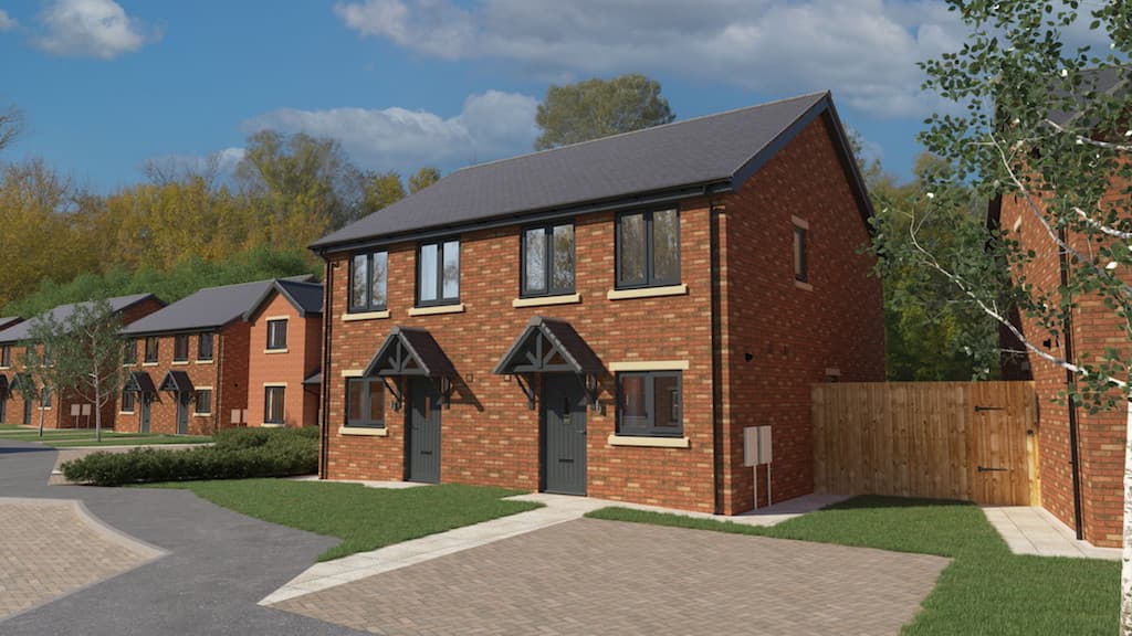 Pelton Fell, Chester-le-Street: render of a pair of red-brick semi-detached two-storey homes with pitched roofs, timber-trimmed porches and paved driveway, Karbon Homes affordable scheme