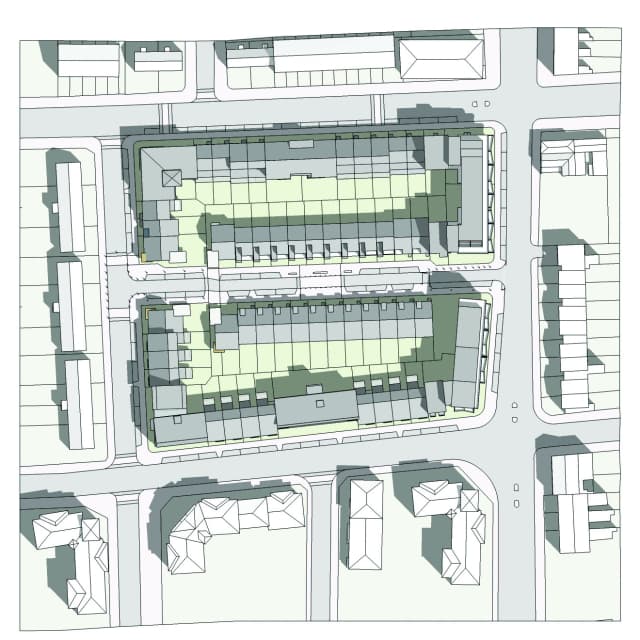 Queensbridge Quarter, Hackney: aerial site-plan diagram showing two perimeter blocks around landscaped green courtyards, the surrounding terraced street grid in white outline