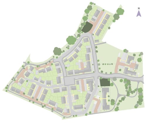 Rodney Crescent, Filton: masterplan diagram showing the layout of the development, house plots in cream and grey with internal streets, green pocket parks and tree planting indicated