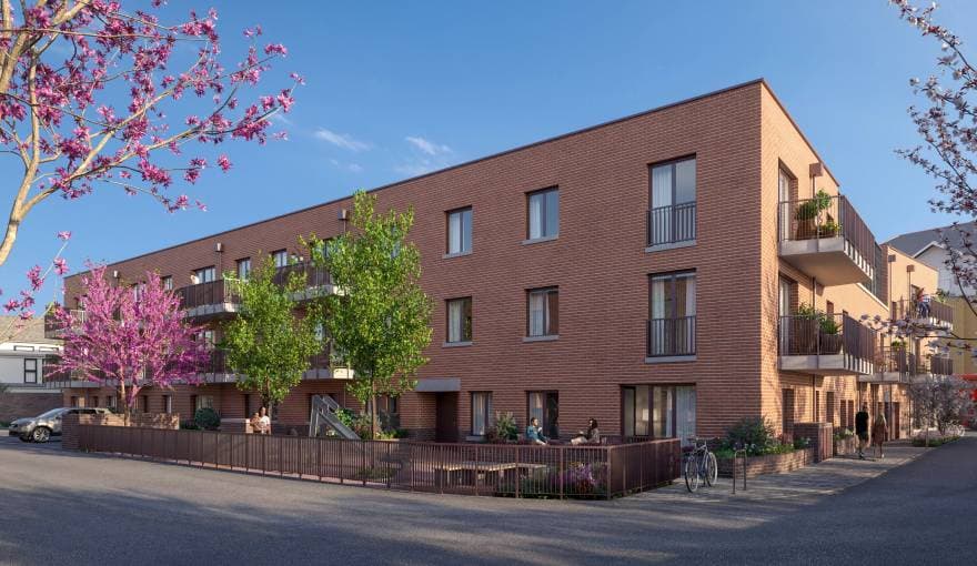 Sydenham Road, Lewisham: render of a three-storey red-brick apartment block with stacked Juliet balconies, residents on a planted courtyard terrace below cherry blossom, Peabody mixed-tenure scheme