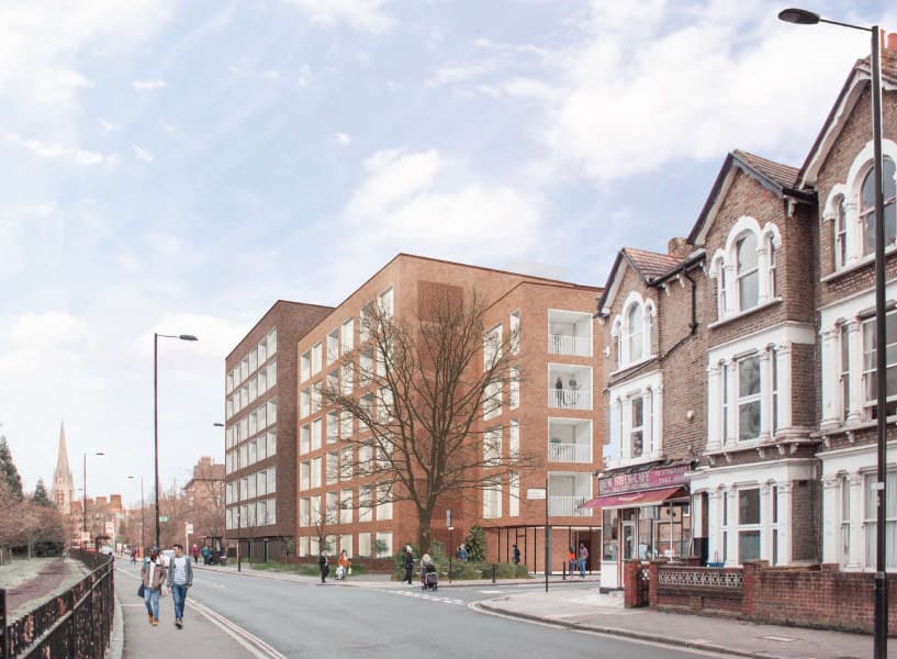 Taverner House (Kennaway Estate), Hackney: render of a five-storey buff-brick block with red-brick top floors and recessed balconies, set on a tree-lined street alongside Victorian terraces and a corner café, Southern Housing regeneration scheme